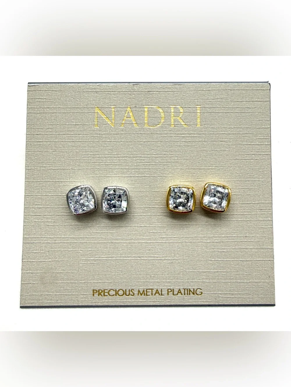 NWT Nadri Coco CZ Stud Earrings Two Tone Silver Gold Bezel Set